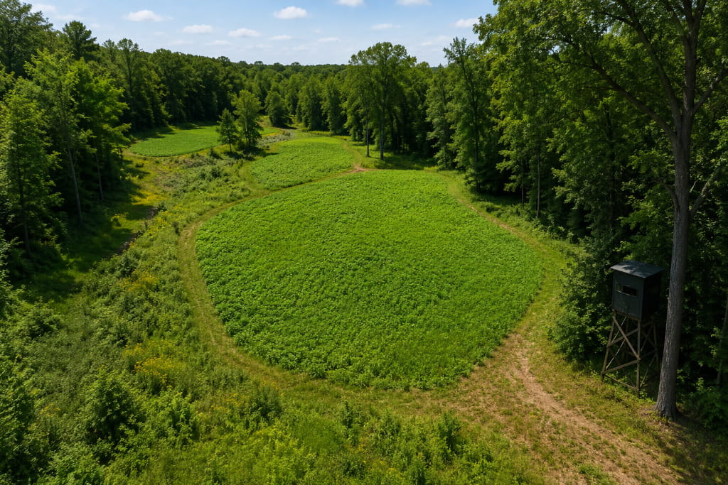 Aerial view of multiple green deer food plots surrounded by dense woodland with a hunting blind along the field edge.