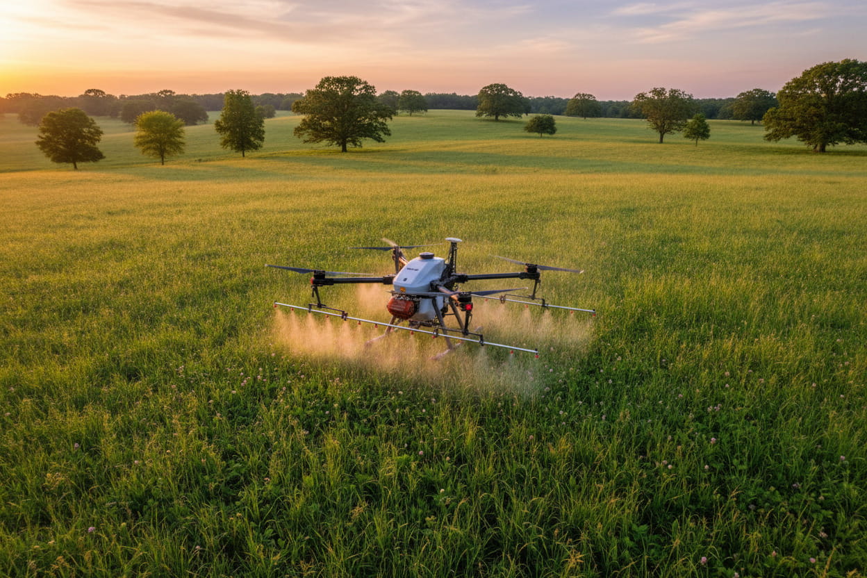Agricultural drone precisely spraying a green wildlife habitat field at sunset near Green Lake, Wisconsin.