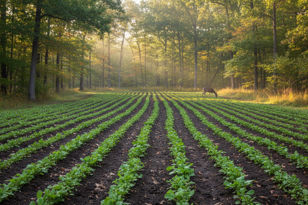White-tailed deer feeding beside evenly planted rows in a woodland food plot during early morning sunlight.