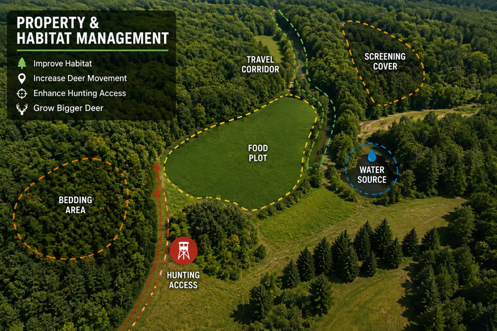 Aerial deer habitat management plan showing a food plot, bedding area, travel corridor, screening cover, water source, and hunting access.