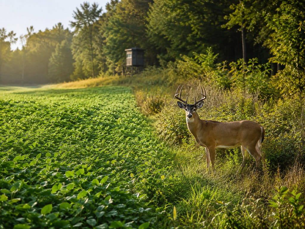 Mature white-tailed buck standing beside a lush food plot with a hunting blind in the wooded background.