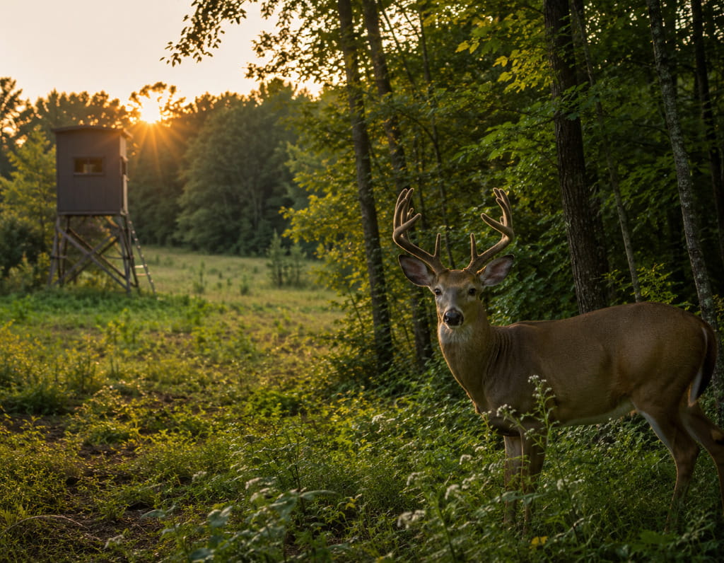 Mature white-tailed buck standing along a wooded food plot edge with an elevated hunting blind at sunset.