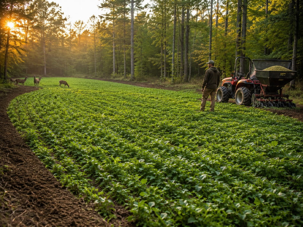Habitat specialist standing beside planting equipment in a lush woodland food plot as white-tailed deer feed nearby.