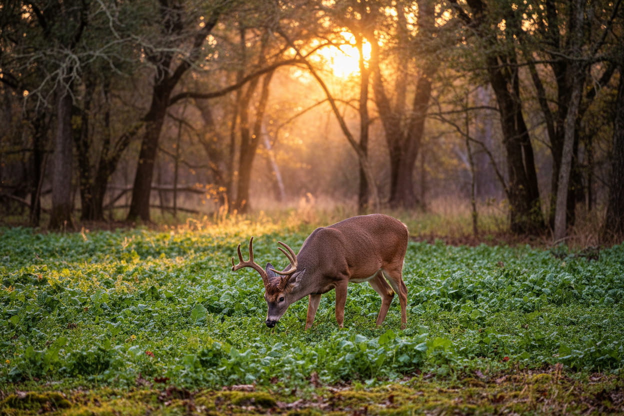 White-tailed buck feeding in a lush green food plot surrounded by woods at sunset.