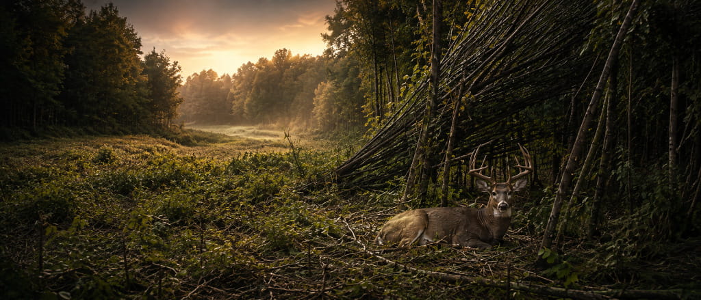 Mature white-tailed buck resting beneath hinge-cut trees beside a woodland food plot at sunrise.