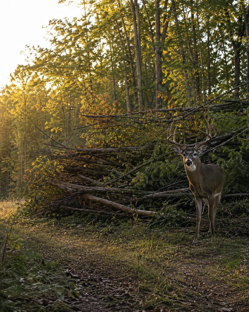 Mature white-tailed buck standing beside hinge-cut trees and dense woodland cover in a managed deer bedding area.