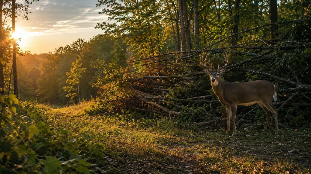 Mature white-tailed buck standing beside hinge-cut trees and dense bedding cover in a managed Wisconsin deer habitat.