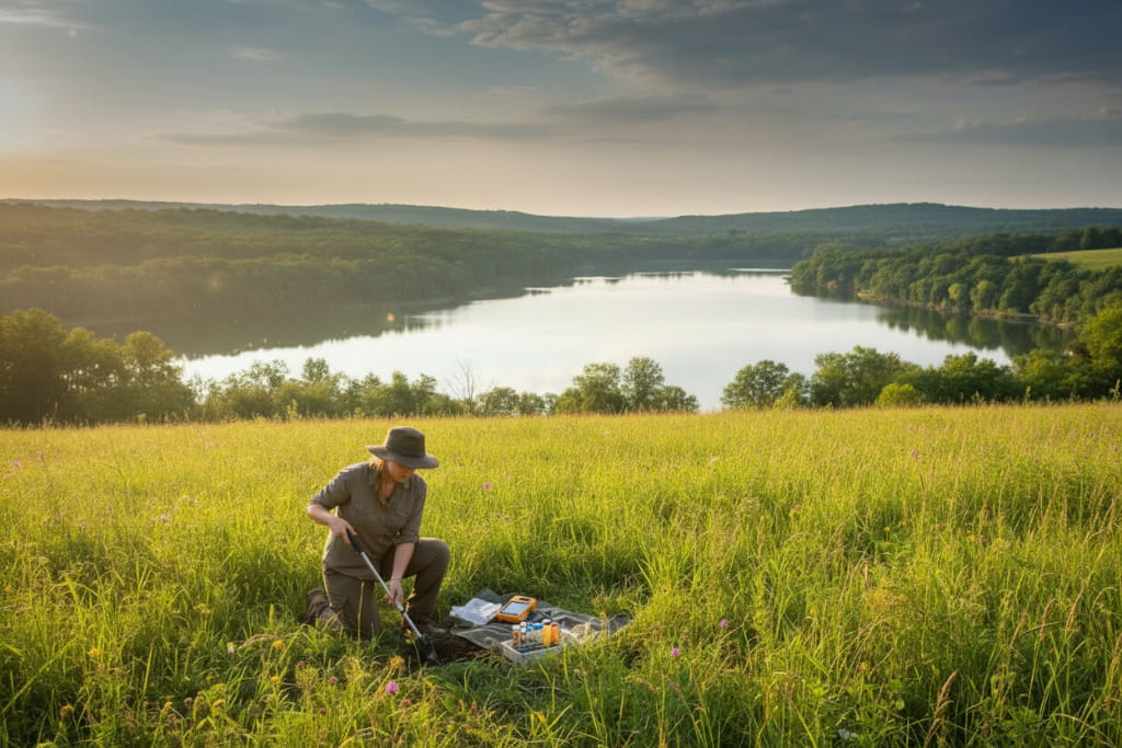 Habitat specialist collecting soil samples in a prairie field overlooking a wooded Wisconsin lake.